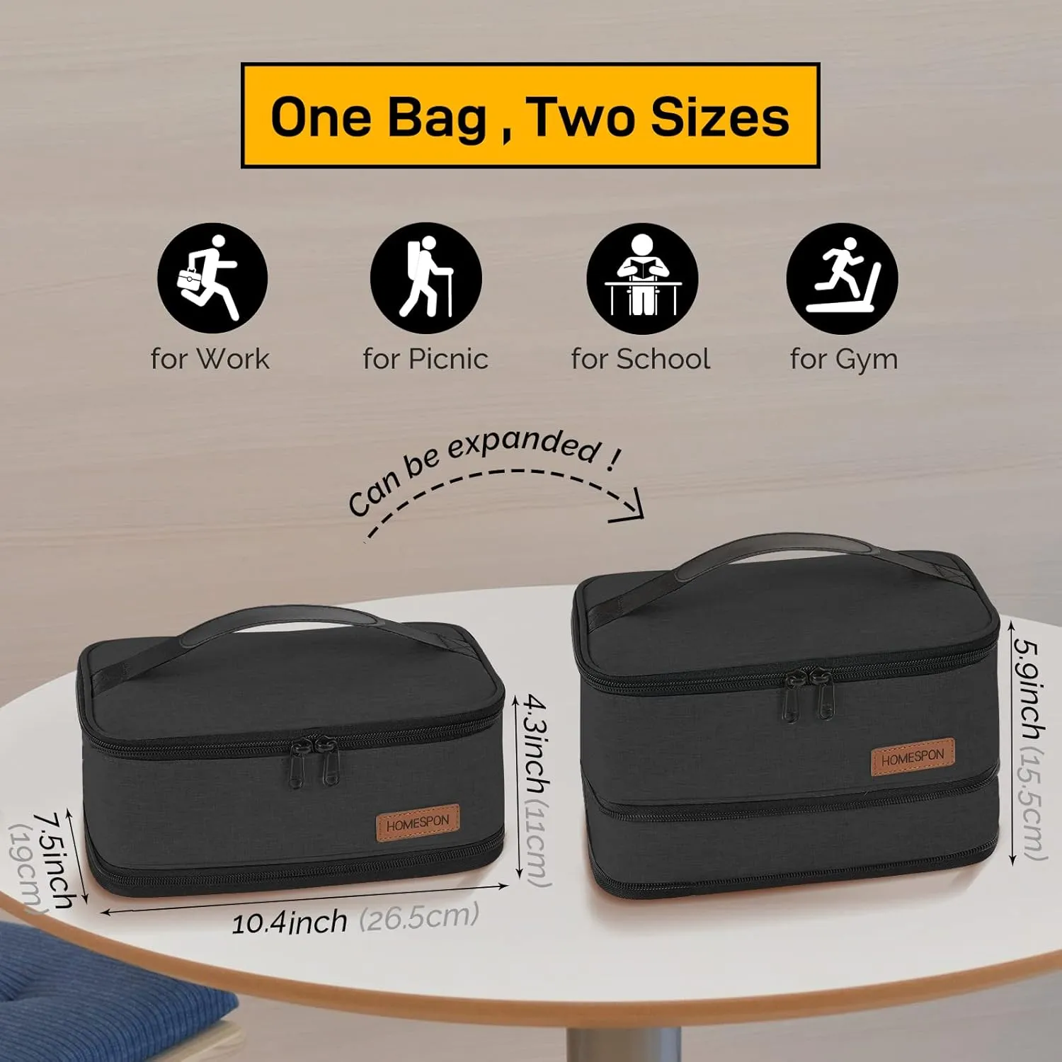 HOMESPON Expandable Lunch Bag for Men Women Insulated Lunch Box Holder with Handle for Picnics Work Travel(Black)
