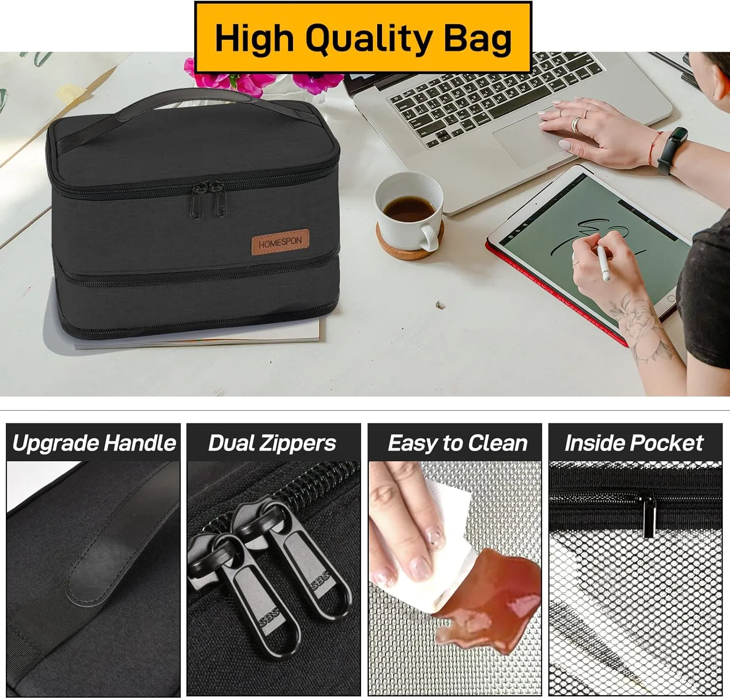 HOMESPON Expandable Lunch Bag for Men Women Insulated Lunch Box Holder with Handle for Picnics Work Travel(Black)