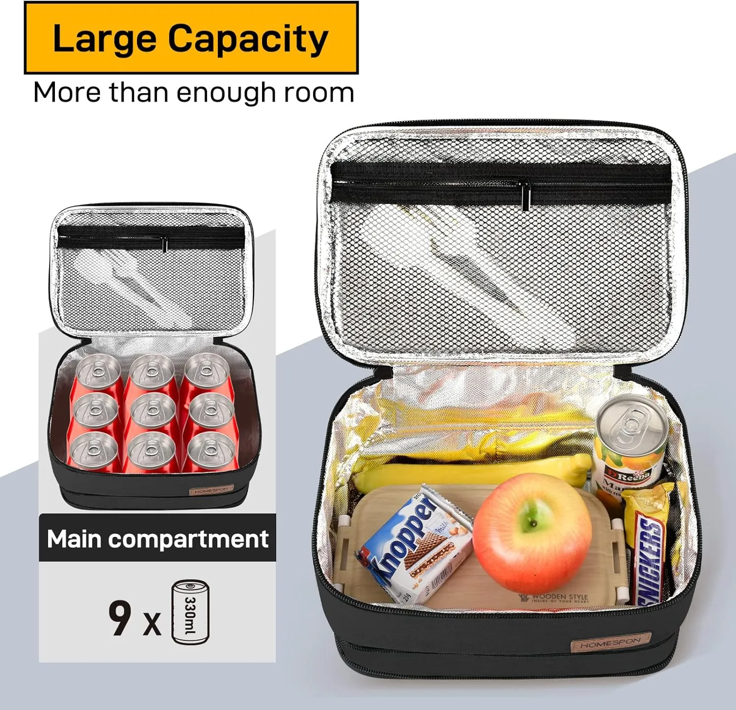 HOMESPON Expandable Lunch Bag for Men Women Insulated Lunch Box Holder with Handle for Picnics Work Travel(Black)