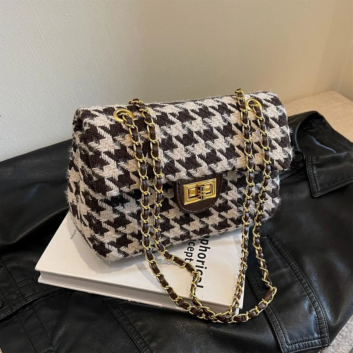 Houndstooth Chain Shoulder Cross body Bag for Women Handbag and purse Fashion Woolen Cloth Clutch