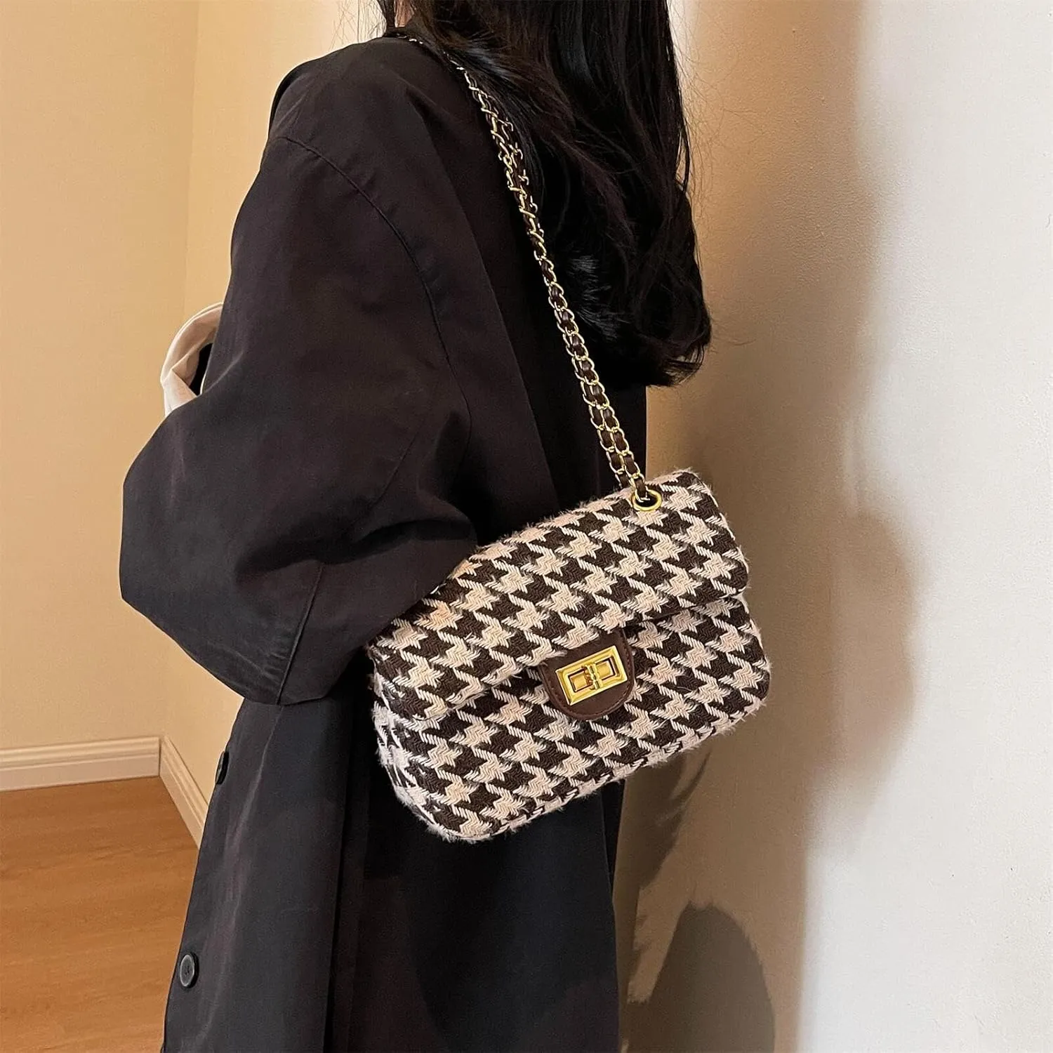 Houndstooth Chain Shoulder Cross body Bag for Women Handbag and purse Fashion Woolen Cloth Clutch