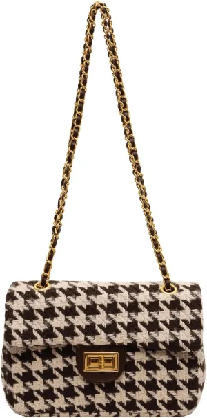 Houndstooth Chain Shoulder Cross body Bag for Women Handbag and purse Fashion Woolen Cloth Clutch