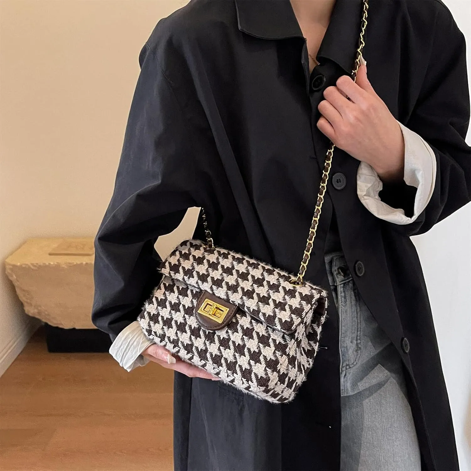 Houndstooth Chain Shoulder Cross body Bag for Women Handbag and purse Fashion Woolen Cloth Clutch