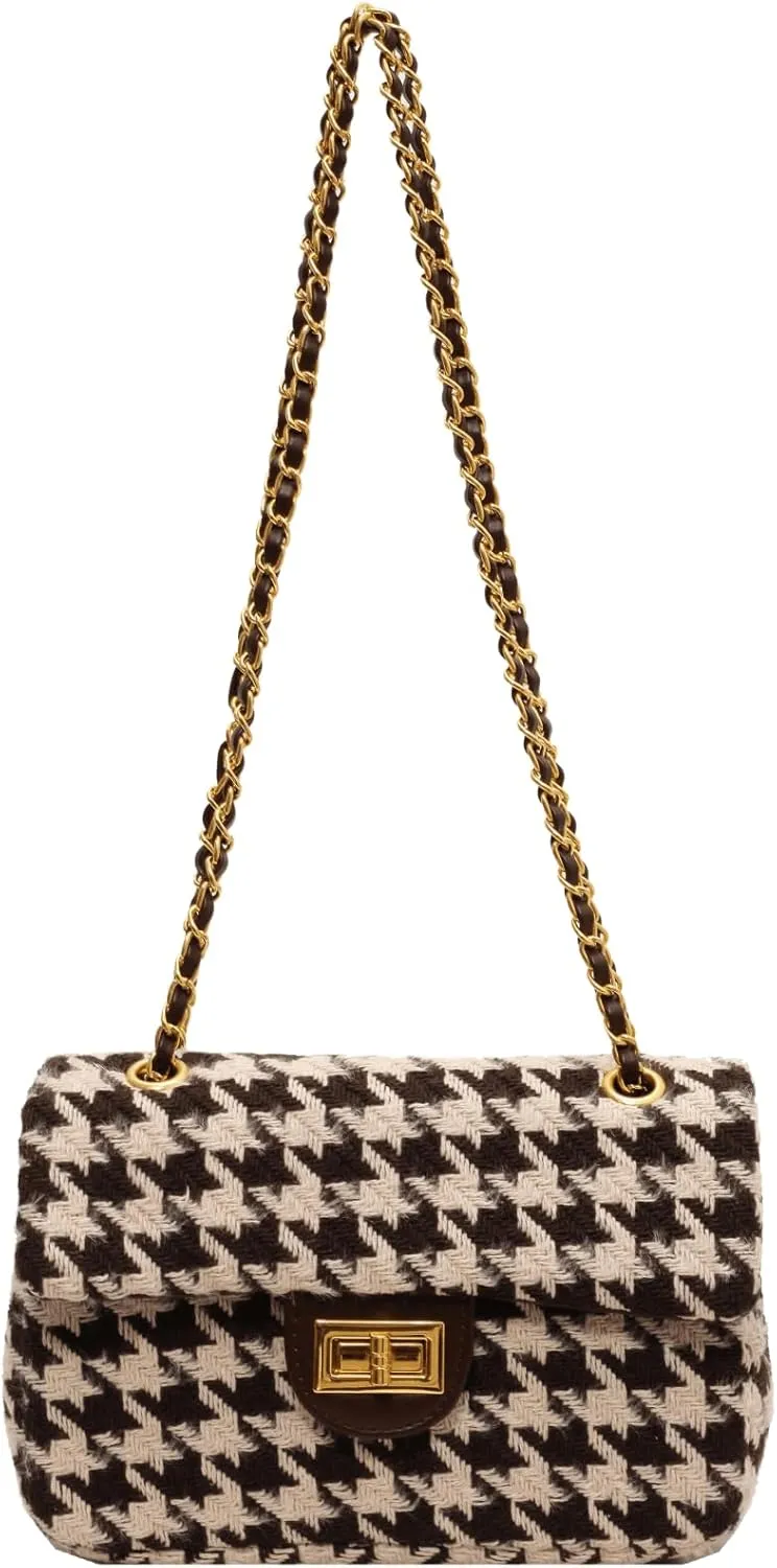 Houndstooth Chain Shoulder Cross body Bag for Women Handbag and purse Fashion Woolen Cloth Clutch