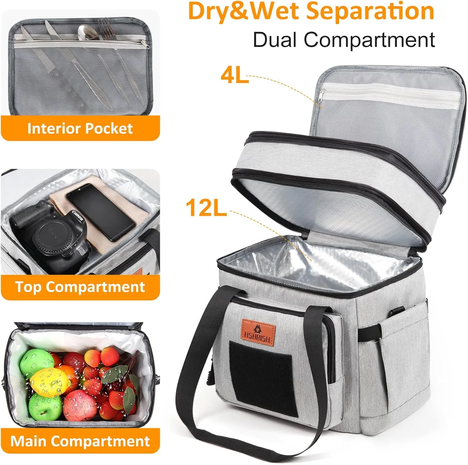 HSHRISH Lunch Box for Men, Women Double Deck Heavy Duty Large Insulated Tactical Lunch Bag Durable Cooler Bag With Shoulder Strap for Adults Work Picnic Road Trip (Grey,15L )