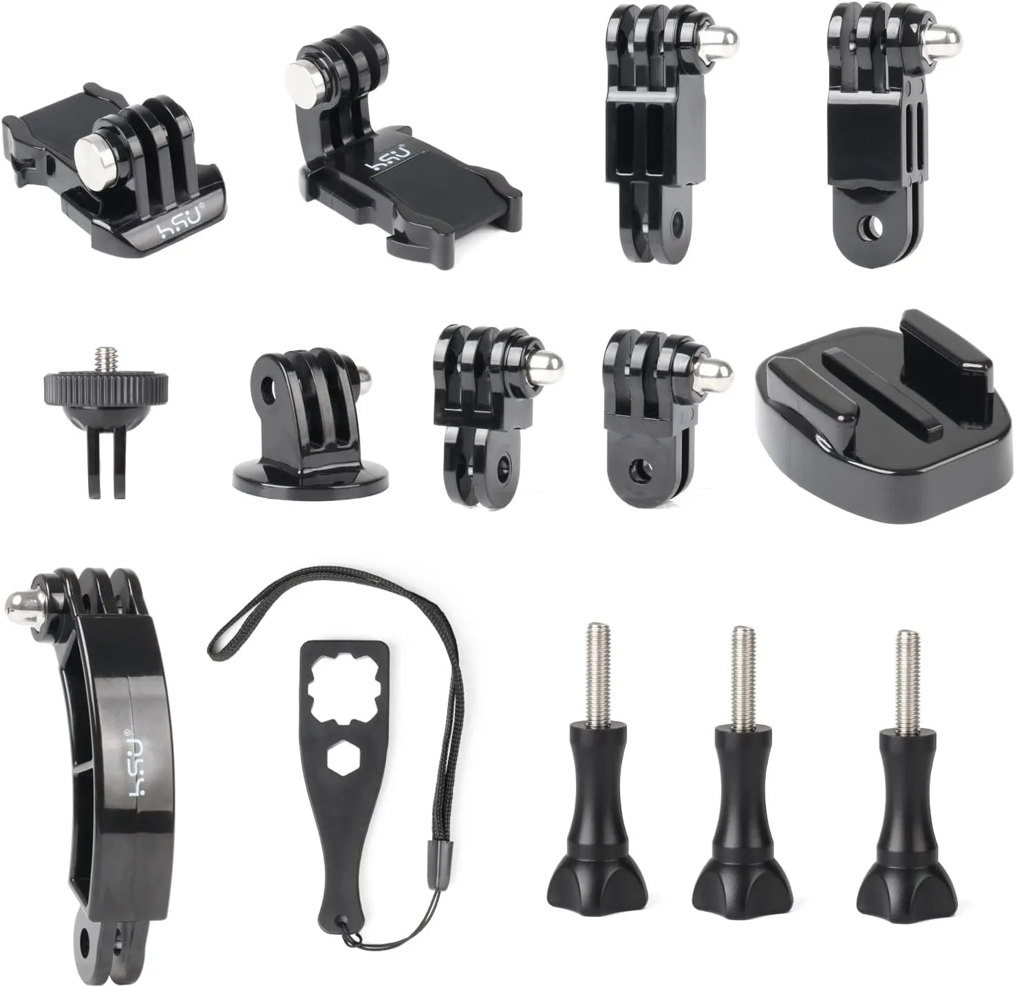 HSU Grab Bag for GoPro, Basic Adapter Including Quick Release Buckle Mount, J-Hook Buckle Mount, 3-Way Pivot Arms, Tripod Mount, 1/4 inch 20 Mount, Curved Extension arm and Thumbscrews