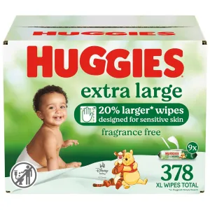 Huggies Extra Large Baby Wipes, Unscented, 9 Flip-Top Packs, 378 XL Wipes Total, Packaging May Vary