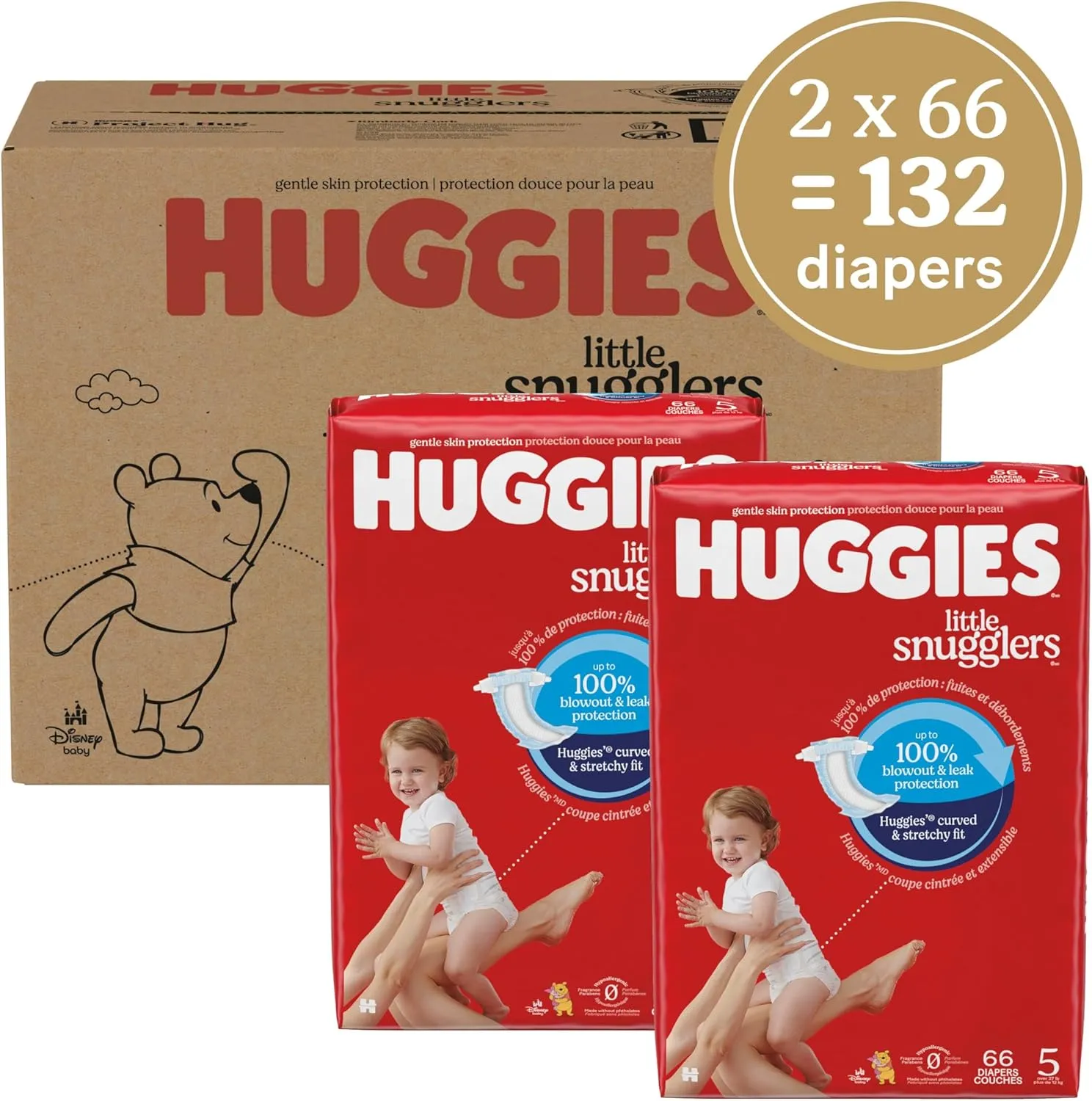 Huggies Size 5 Diapers, Little Snugglers Baby Diapers, Size 5 (27  lbs), 132 Count (2 Packs of 66), Packaging May Vary