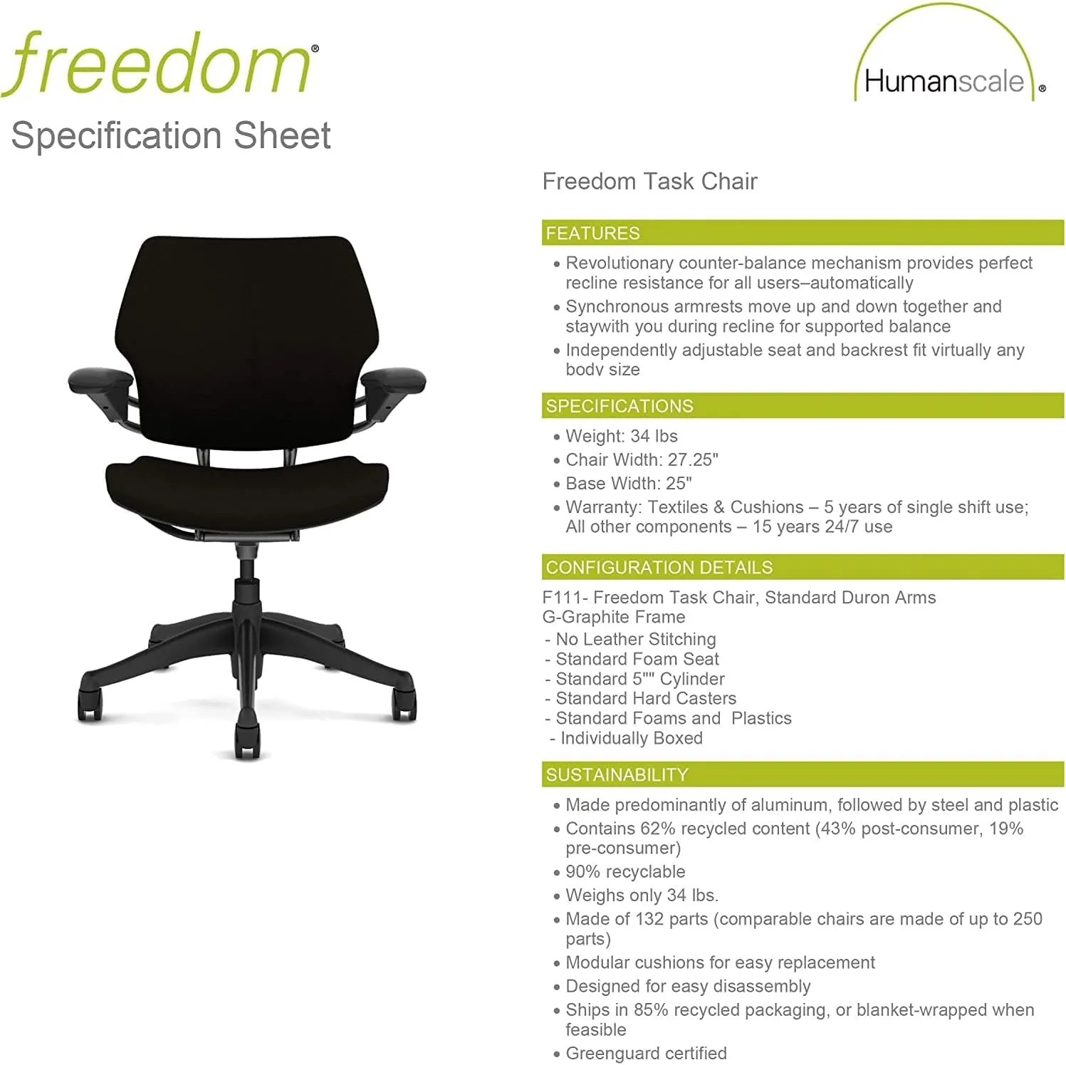 Humanscale Freedom Office Chair - Ergonomic Work Chair with Standard Height Adjustable Duron Arms - Wheels for Carpet - Polished Aluminum Frame with Horizon Ginkgo Fabric
