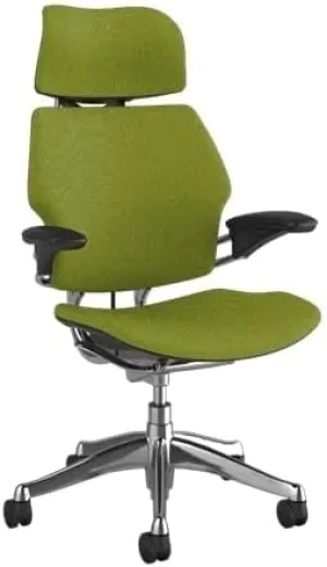 Humanscale Freedom Office Chair with Headrest - Ergonomic Work Chair with Advanced Highly Adjustable Duron Arms and Gel Seat - Wheels for Carpet - Aluminum Frame with Green Ginkgo Fabric