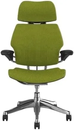 Humanscale Freedom Office Chair with Headrest - Ergonomic Work Chair with Advanced Highly Adjustable Duron Arms and Gel Seat - Wheels for Carpet - Aluminum Frame with Green Ginkgo Fabric