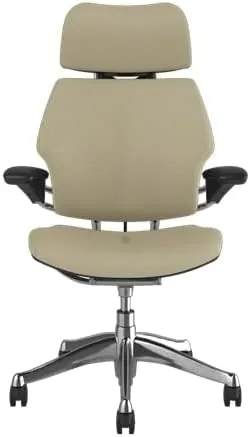 Humanscale Freedom Office Chair with Headrest - Ergonomic Work Chair with Standard Height Adjustable Duron Arms - Wheels for Hard Flooring - Polished Aluminum Frame with Mineral Corvara Leather