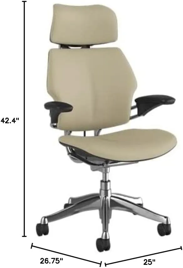 Humanscale Freedom Office Chair with Headrest - Ergonomic Work Chair with Standard Height Adjustable Duron Arms - Wheels for Hard Flooring - Polished Aluminum Frame with Mineral Corvara Leather