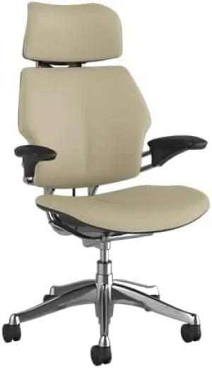 Humanscale Freedom Office Chair with Headrest - Ergonomic Work Chair with Standard Height Adjustable Duron Arms - Wheels for Hard Flooring - Polished Aluminum Frame with Mineral Corvara Leather