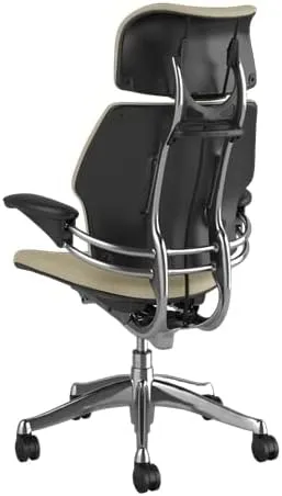 Humanscale Freedom Office Chair with Headrest - Ergonomic Work Chair with Standard Height Adjustable Duron Arms - Wheels for Hard Flooring - Polished Aluminum Frame with Mineral Corvara Leather