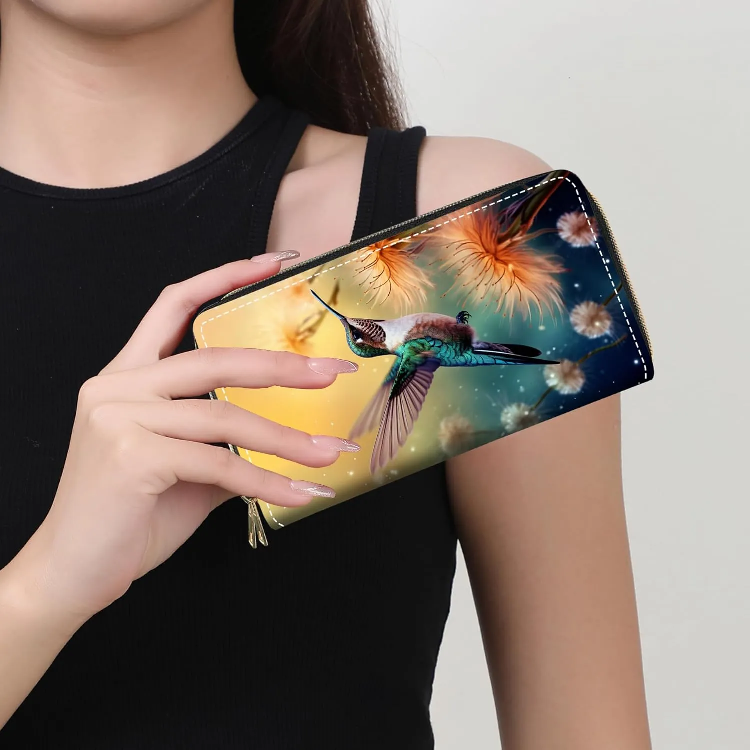 Hummingbird Dandelion Print Wallet for Women Large Capacity Wallet Credit Card Holder PU Leather Double Zipper Clutch Purse Phone Wallet