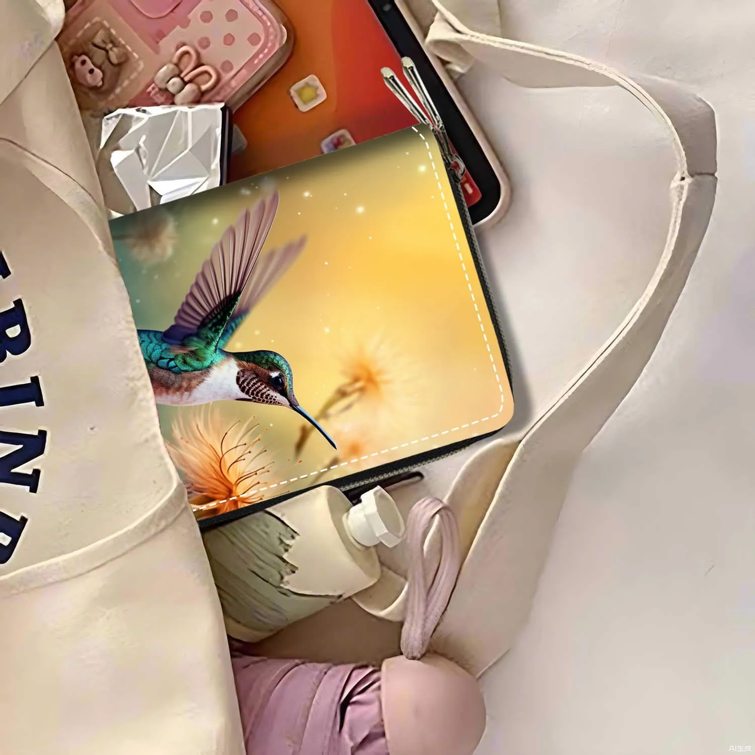 Hummingbird Dandelion Print Wallet for Women Large Capacity Wallet Credit Card Holder PU Leather Double Zipper Clutch Purse Phone Wallet