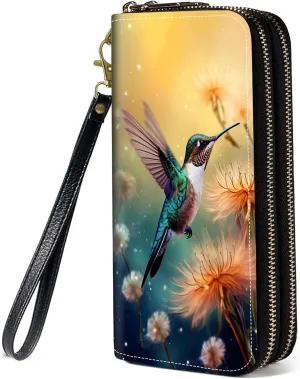 Hummingbird Dandelion Print Wallet for Women Large Capacity Wallet Credit Card Holder PU Leather Double Zipper Clutch Purse Phone Wallet