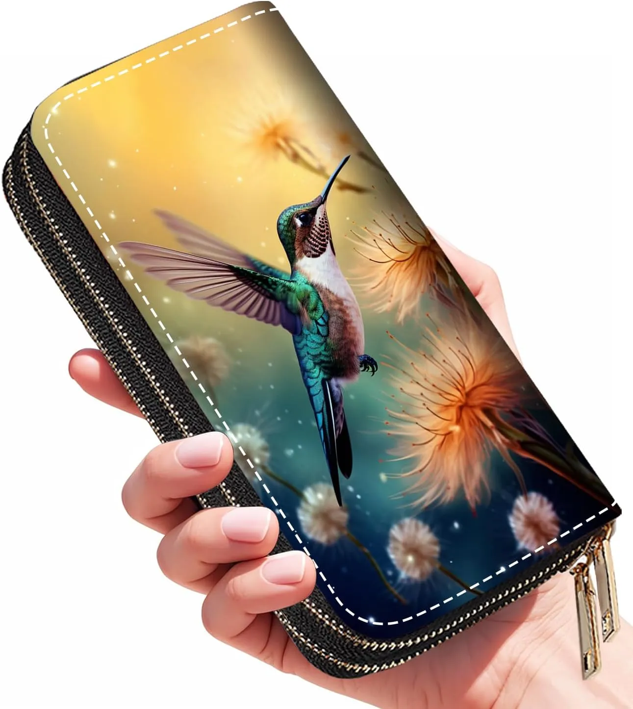 Hummingbird Dandelion Print Wallet for Women Large Capacity Wallet Credit Card Holder PU Leather Double Zipper Clutch Purse Phone Wallet