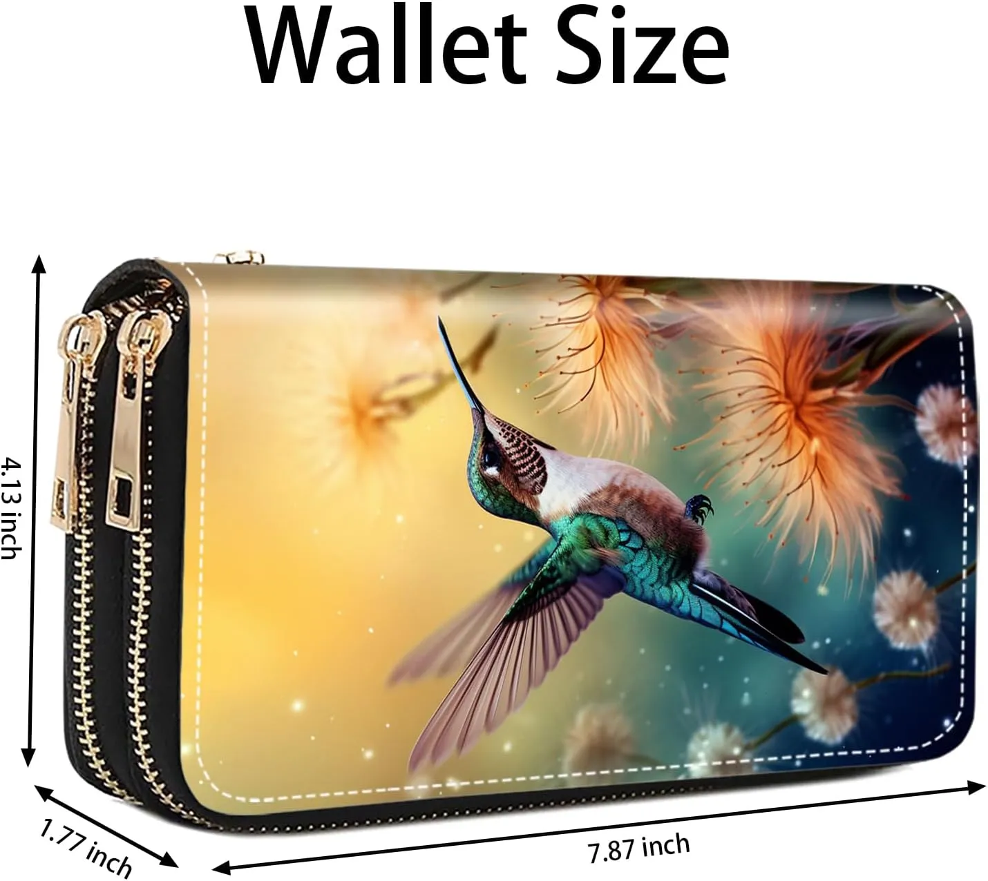 Hummingbird Dandelion Print Wallet for Women Large Capacity Wallet Credit Card Holder PU Leather Double Zipper Clutch Purse Phone Wallet