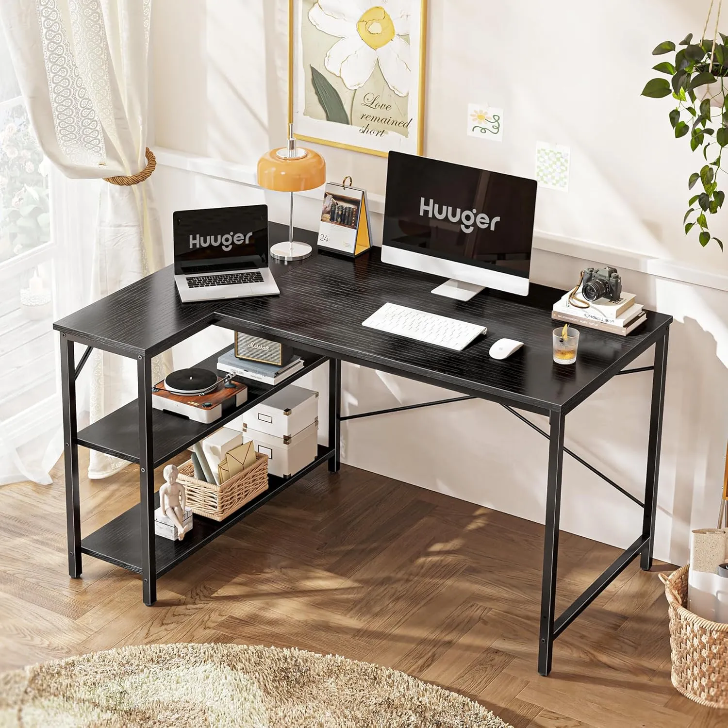 Huuger L-Shaped Desk, 47 Inch Gaming & Home Office Desk with Reversible Storage Shelves, Metal Frame, Black