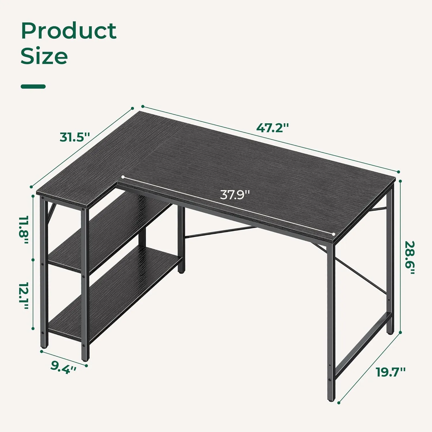 Huuger L-Shaped Desk, 47 Inch Gaming & Home Office Desk with Reversible Storage Shelves, Metal Frame, Black