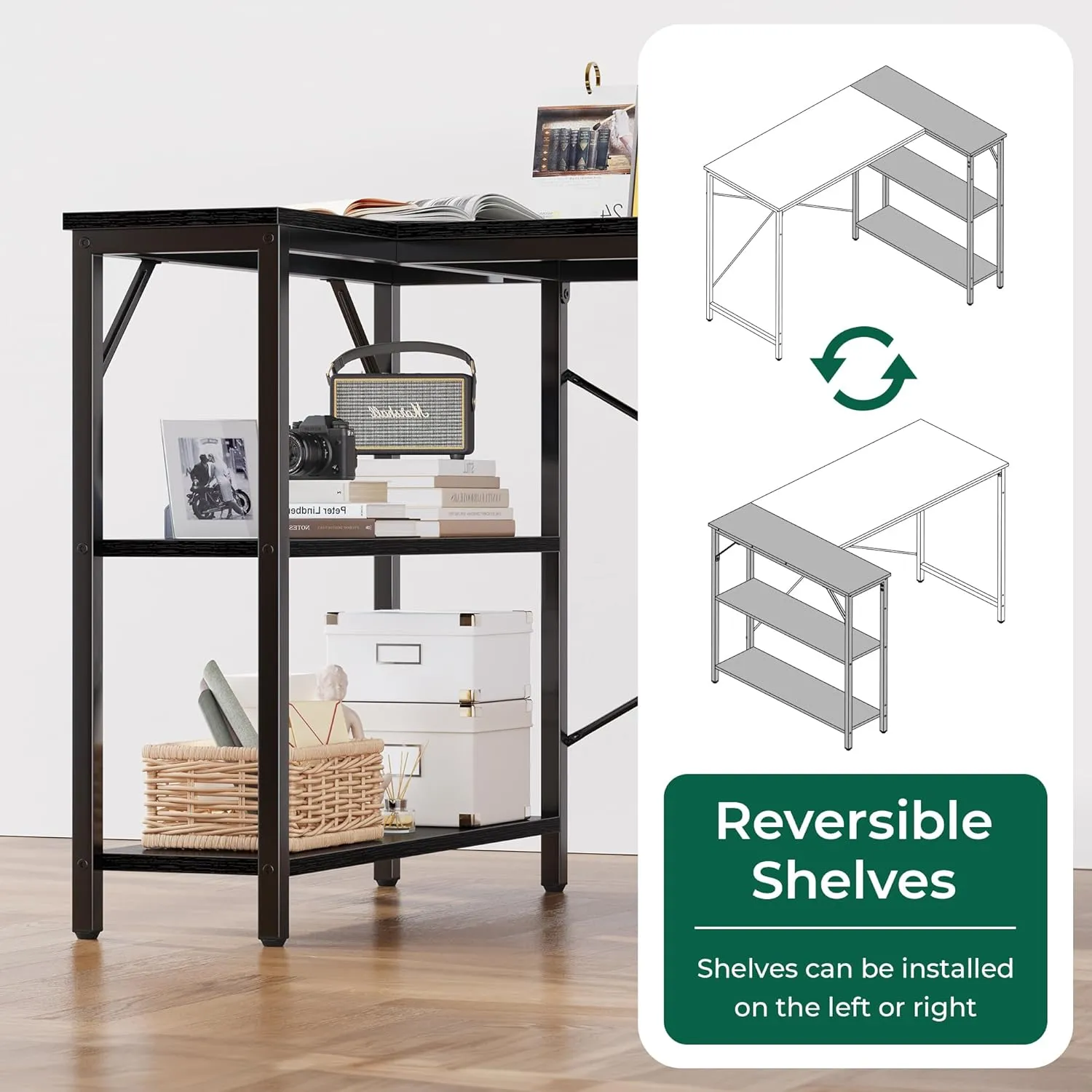 Huuger L-Shaped Desk, 47 Inch Gaming & Home Office Desk with Reversible Storage Shelves, Metal Frame, Black