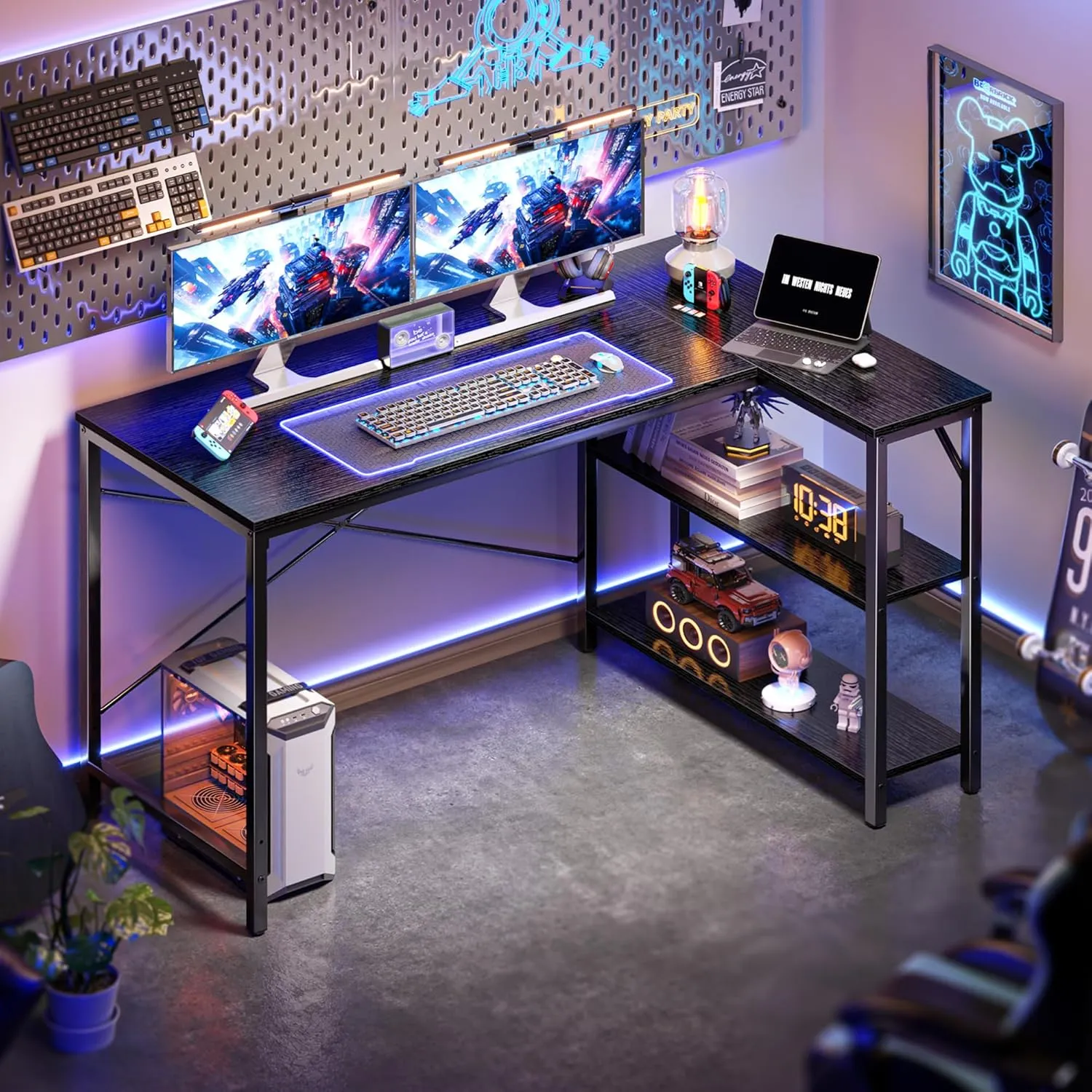 Huuger L-Shaped Desk, 47 Inch Gaming & Home Office Desk with Reversible Storage Shelves, Metal Frame, Black