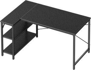 Huuger L Shaped Desk, 47 Inch Gaming & Home Office Desk with Reversible Storage Shelves, Metal Frame, Carbon Fiber Black