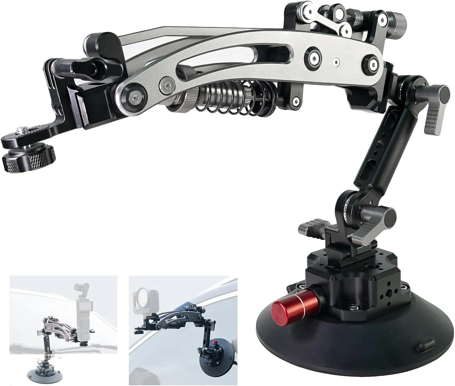 Hydraulic Camera Boom Arm with Vacuum Car Suction Cup Mount - Quick Release NATO Rail - Universal Mount for Pocket 3 Hero Insta360 Action Cameras - Dash/Windshield Car Mount Accessories