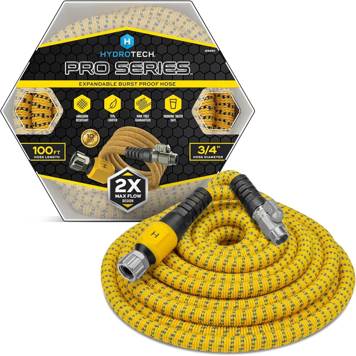 HydroTech 100 ft Expandable Garden Hose - Pro Series, 2x Max Flow, 3/4" No-Kink Flexibility, Lightweight Hose for Lawn, Garden, Car Washing, Deck and Patio Cleaning