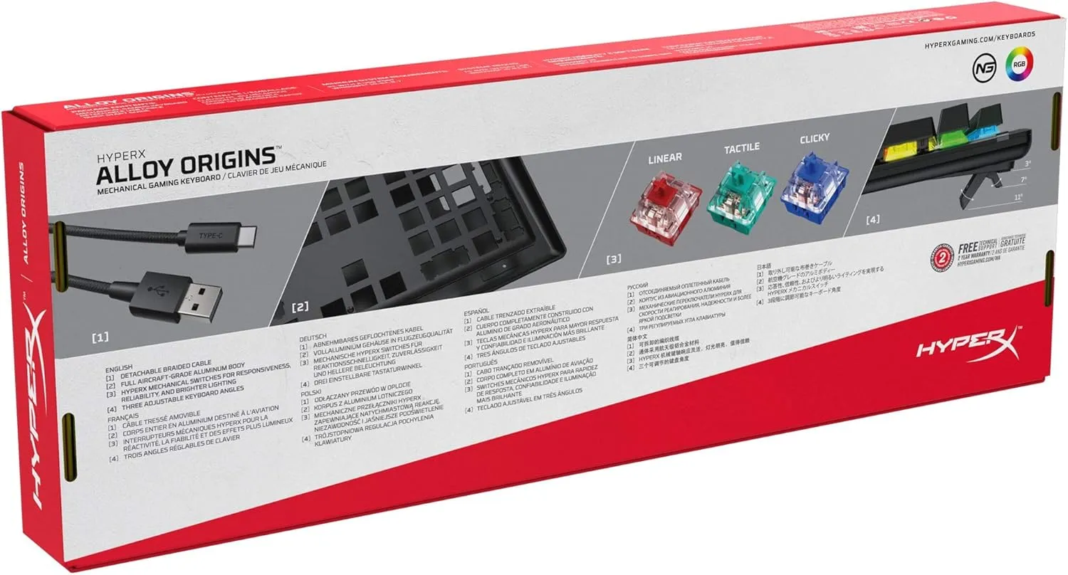 HyperX Alloy Origins - Mechanical Gaming Keyboard, Software-Controlled Light & Macro Customization, Compact Form Factor, RGB LED Backlit - Clicky HyperX Blue Switch, Full Size (Renewed)