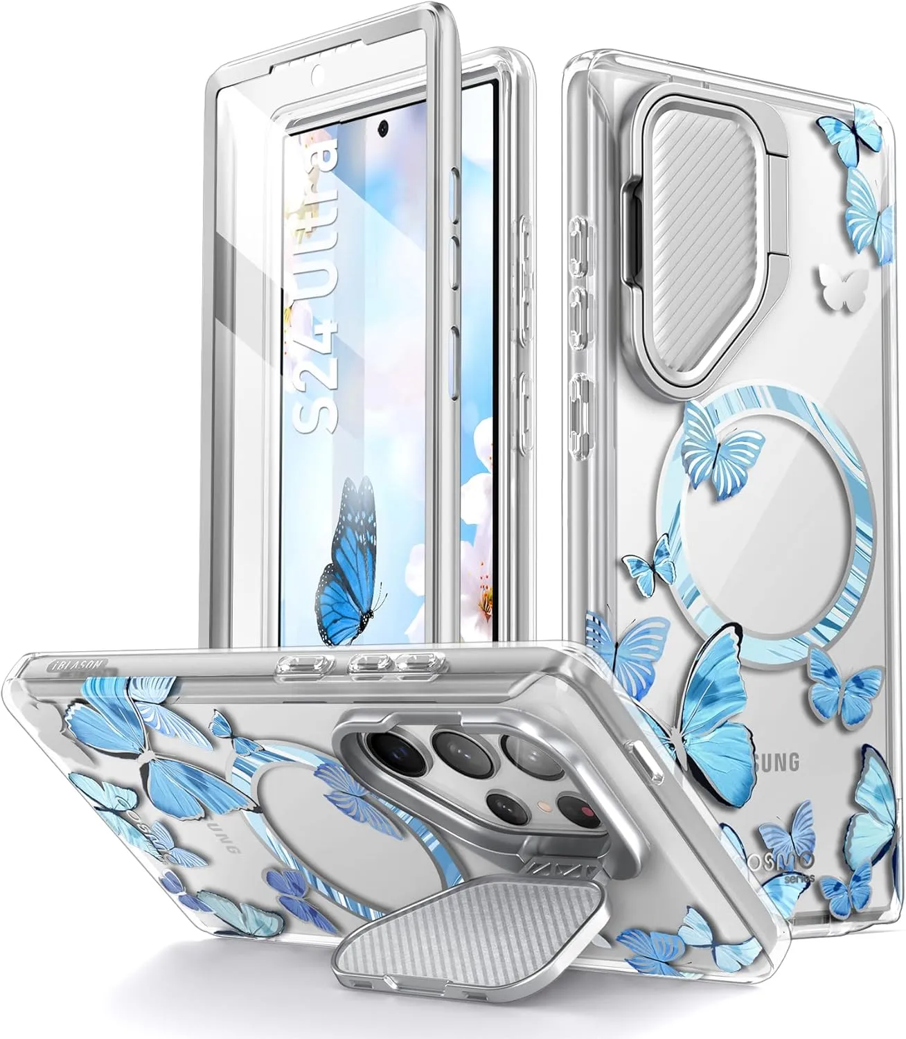 i-Blason Cosmo for Samsung Galaxy S24 Ultra Case with Camera Cover Stand, [Support MagSafe] Stylish 360 Full Case with Screen Protector & Kickstand Magnetic Phone Case for S24 Ultra, Bluefly