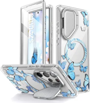 i-Blason Cosmo for Samsung Galaxy S24 Ultra Case with Camera Cover Stand, [Support MagSafe] Stylish 360 Full Case with Screen Protector & Kickstand Magnetic Phone Case for S24 Ultra, Bluefly