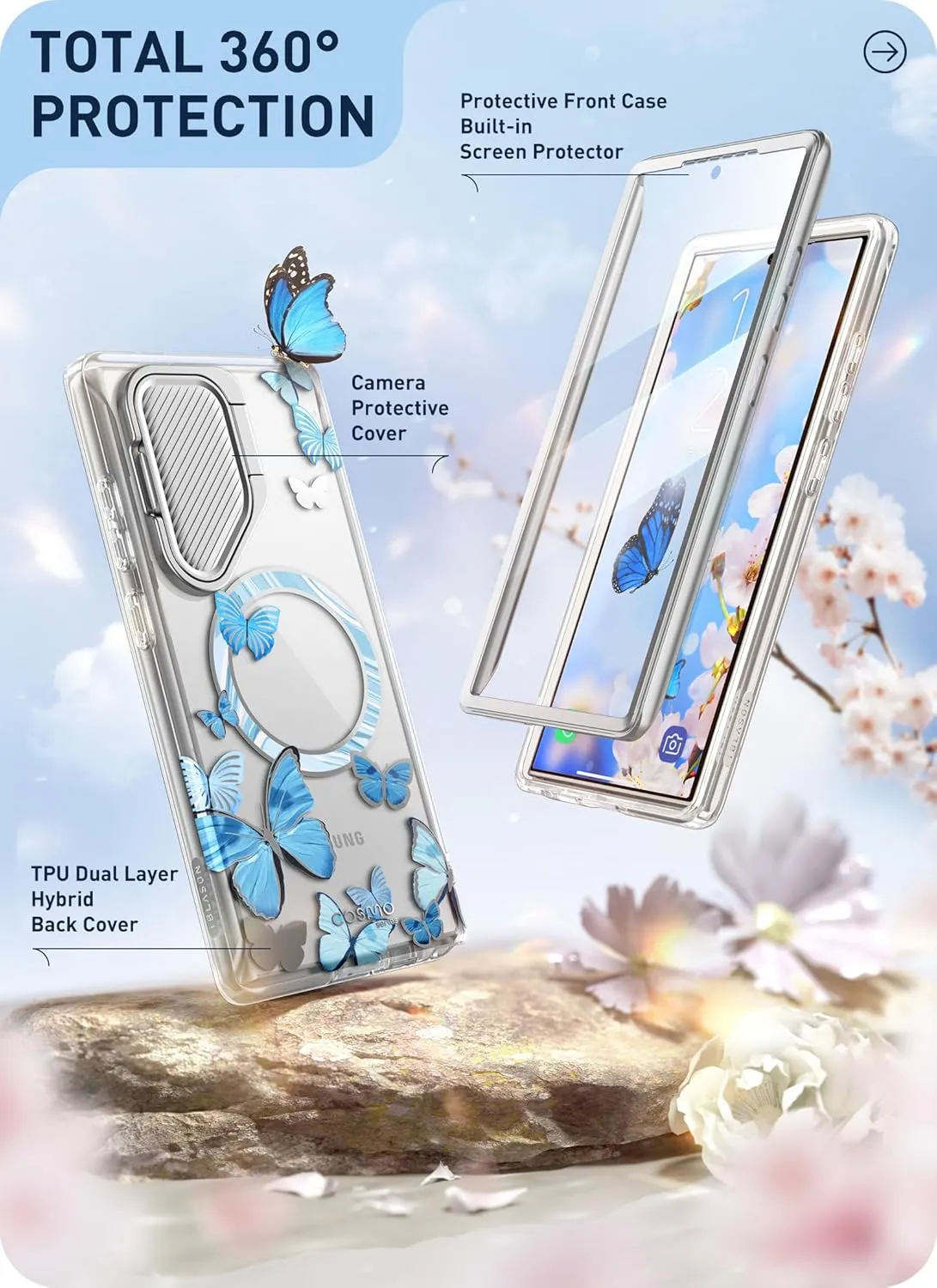 i-Blason Cosmo for Samsung Galaxy S24 Ultra Case with Camera Cover Stand, [Support MagSafe] Stylish 360 Full Case with Screen Protector & Kickstand Magnetic Phone Case for S24 Ultra, Bluefly