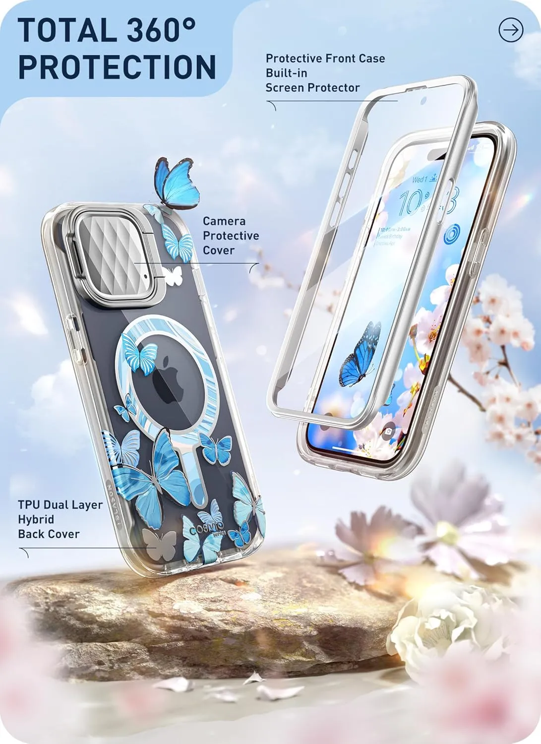 i-Blason for iPhone 15 Pro Case with Stand, [MagSafe Compatible] [Camera Cover Stand] [Built-in Screen Protector], Slim Stylish Phone Case for iPhone 15 Pro, CosMag Series, Bluefly