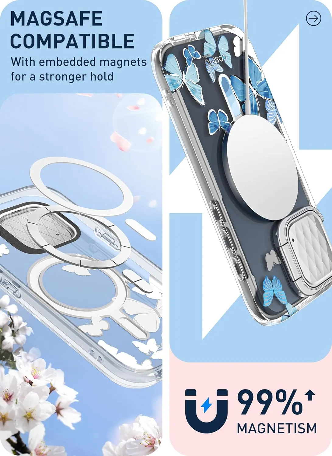 i-Blason for iPhone 15 Pro Case with Stand, [MagSafe Compatible] [Camera Cover Stand] [Built-in Screen Protector], Slim Stylish Phone Case for iPhone 15 Pro, CosMag Series, Bluefly