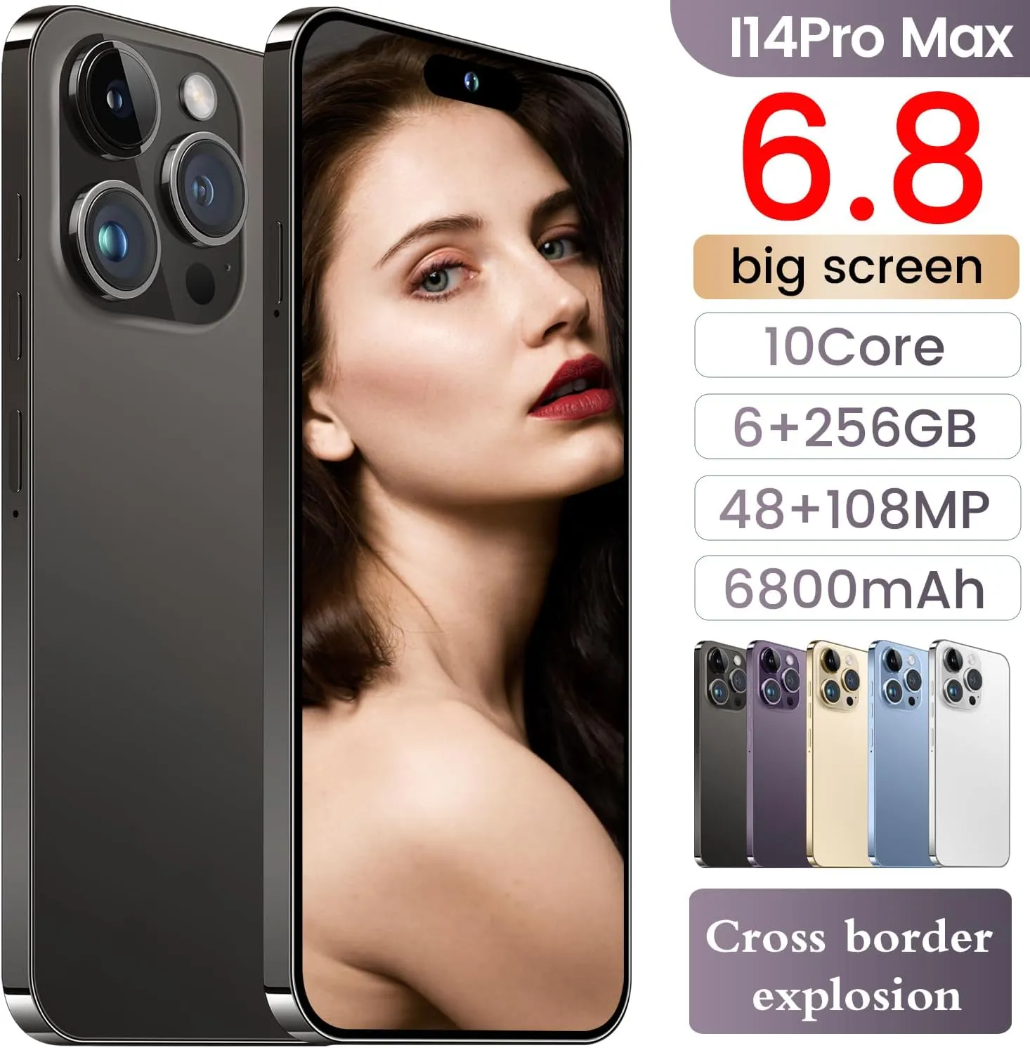 I14 Pro Max Unlocked Cell Phone,Long Battery Life 6.82" HD Screen Unlocked Phones,Android13 6 256GB Smartphone with 128G Memory Card,Dual SIM/Fingerprint Lock/Face ID/GPS (Black)