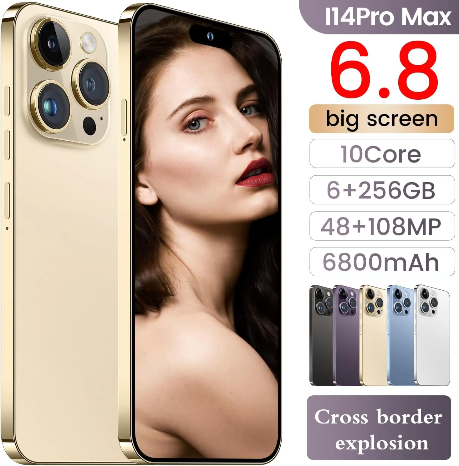 I14 Pro Max Unlocked Cell Phone,Long Battery Life 6.82" HD Screen Unlocked Phones,Android13 6 256GB Smartphone with 128G Memory Card,Dual SIM/Fingerprint Lock/Face ID/GPS (Gold)
