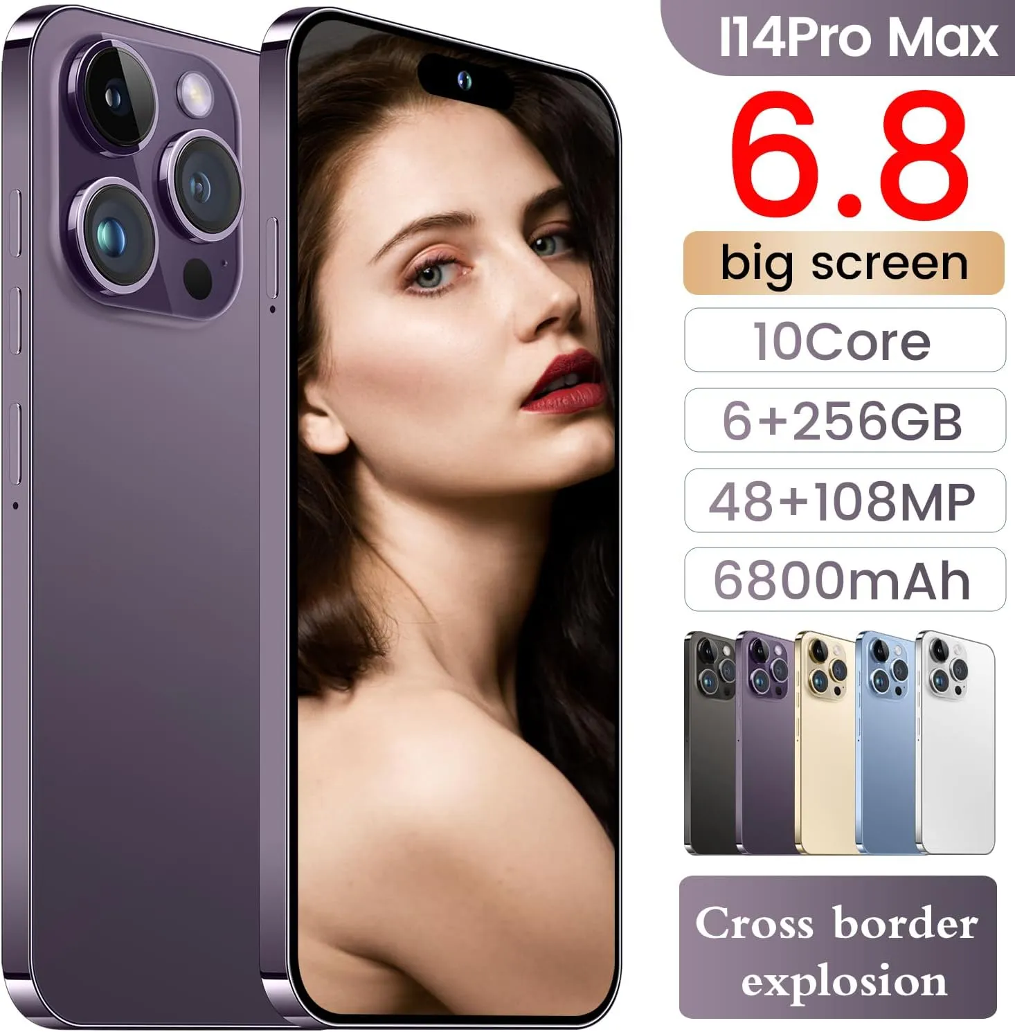 I14 Pro Max Unlocked Cell Phone,Long Battery Life 6.82" HD Screen Unlocked Phones,Android13 6 256GB Smartphone with 128G Memory Card,Dual SIM/Fingerprint Lock/Face ID/GPS (Purple)