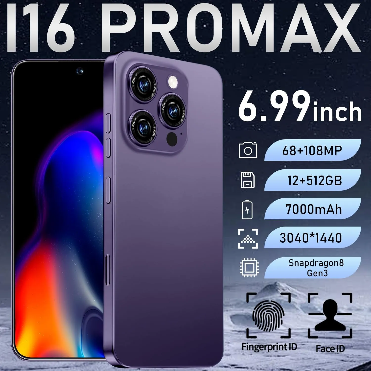 I16 PROMAX Unlocked Phone, 6.99inch Cell Phone with Android 13 12GB 512GB 7000mAh Long Battery Life, HD Screen Smartphone with Dual SIM, Fingerprint Lock, Face ID, Photos 5G Phone (Deep Purple)