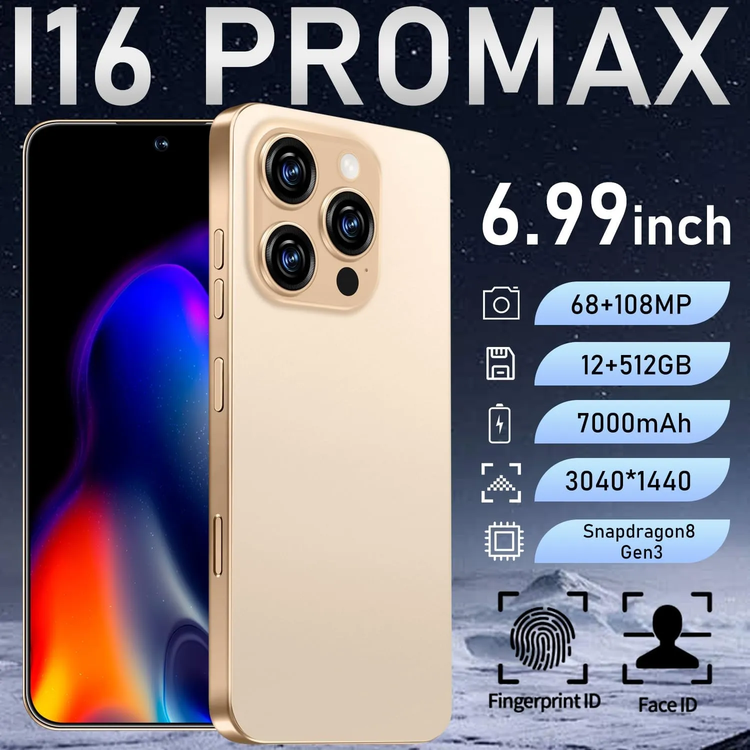 I16 PROMAX Unlocked Phone, 6.99inch Cell Phone with Android 13 12GB 512GB 7000mAh Long Battery Life, HD Screen Smartphone with Dual SIM, Fingerprint Lock, Face ID, Photos 5G Phone (Gold)