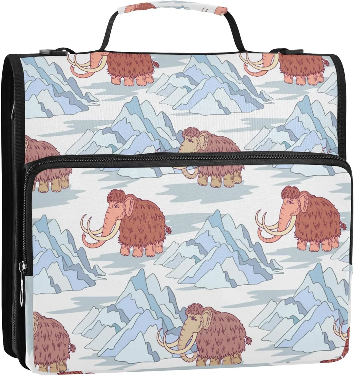 Ice Age Animal Mammoth Zipper Binder, 1.5 inch 3 Ring Binder Organizer Bag with Shoulder Strap and Handle, 500 Sheet Capacity