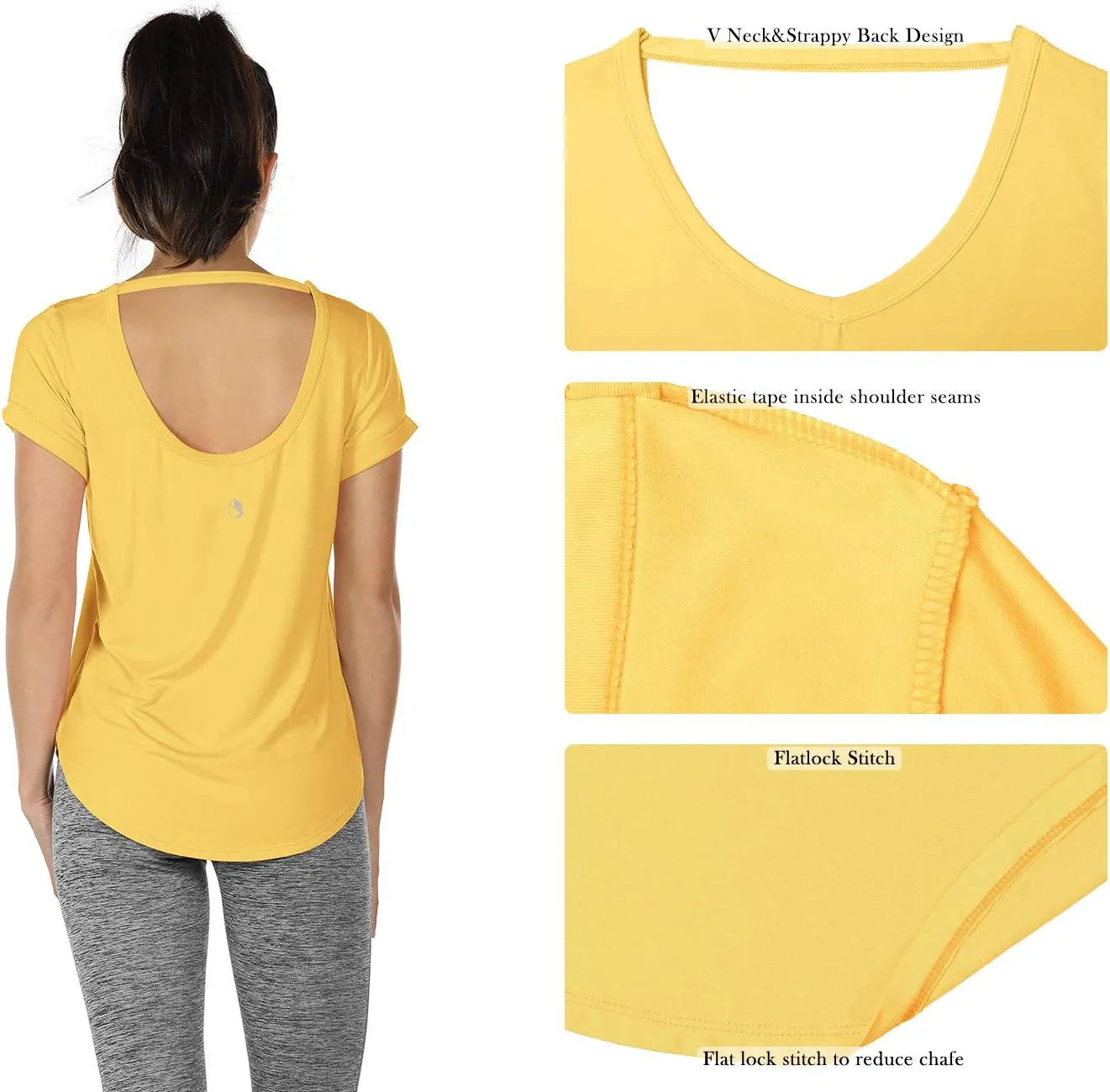 icyzone Open Back Yoga Shirts for Women - Exercise Workout Tops, Athletic Short Sleeves, Running T-Shirts Loose Fit