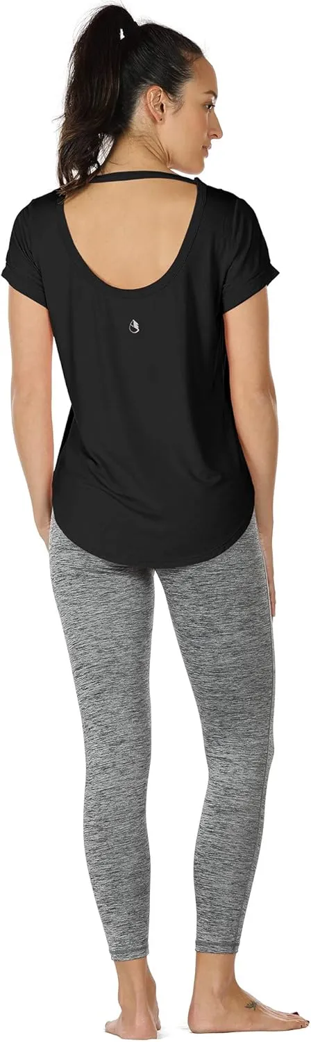 icyzone Open Back Yoga Shirts for Women - Exercise Workout Tops, Athletic Short Sleeves, Running T-Shirts Loose Fit