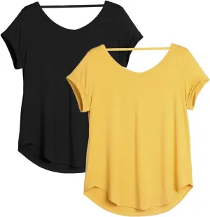 icyzone Open Back Yoga Shirts for Women - Exercise Workout Tops, Athletic Short Sleeves, Running T-Shirts Loose Fit