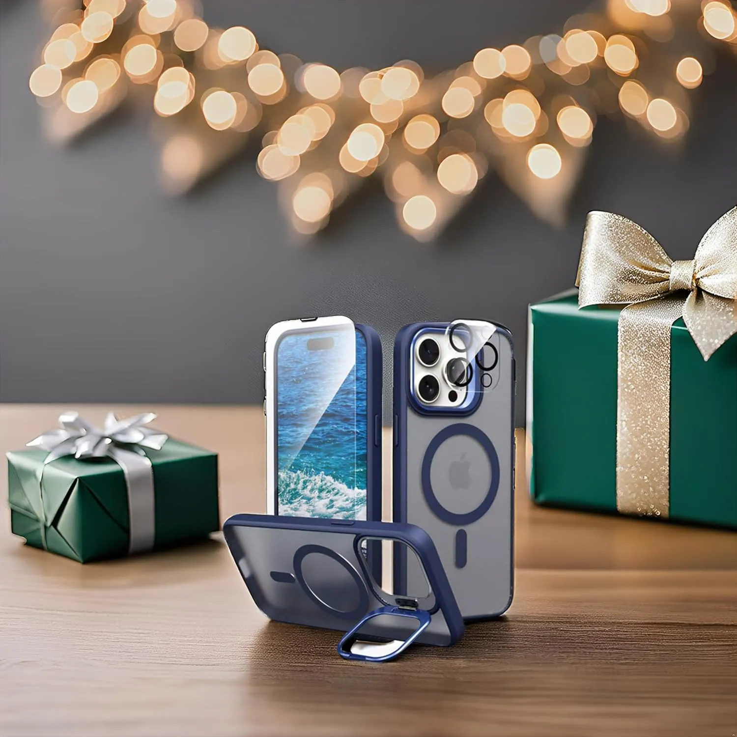IDweel for iPhone 15 Pro Max Case with Screen Protector & Camera Lens Protector,Compatible with MagSafe,Built-in Camera Stash Stand,Magnetic Hard Back Soft Edge Anti-Fingerprint Flexible Cover,Blue