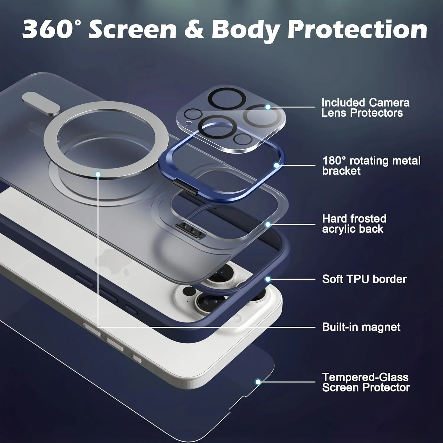 IDweel for iPhone 15 Pro Max Case with Screen Protector & Camera Lens Protector,Compatible with MagSafe,Built-in Camera Stash Stand,Magnetic Hard Back Soft Edge Anti-Fingerprint Flexible Cover,Blue