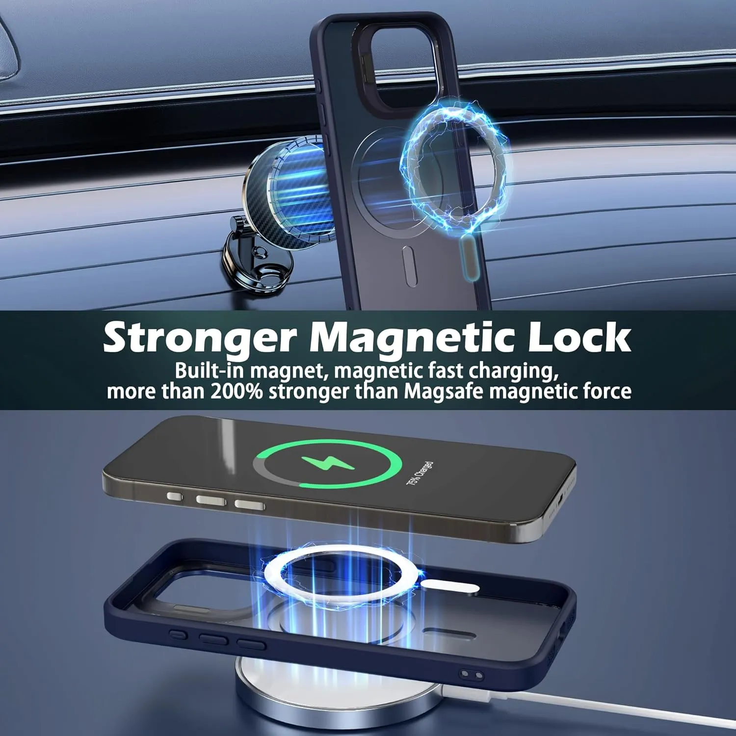IDweel for iPhone 15 Pro Max Case with Screen Protector & Camera Lens Protector,Compatible with MagSafe,Built-in Camera Stash Stand,Magnetic Hard Back Soft Edge Anti-Fingerprint Flexible Cover,Blue