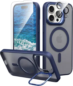 IDweel for iPhone 15 Pro Max Case with Screen Protector & Camera Lens Protector,Compatible with MagSafe,Built-in Camera Stash Stand,Magnetic Hard Back Soft Edge Anti-Fingerprint Flexible Cover,Blue